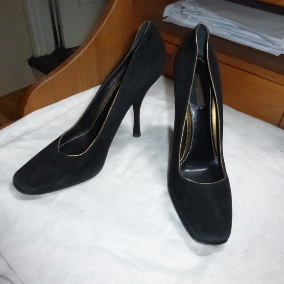 LOUIS VUITTON BLACK PUMPS SIZE 40-10 HEELS SUEDE LEATHER ITALY GOLD TRIM - Picture 1 of 8